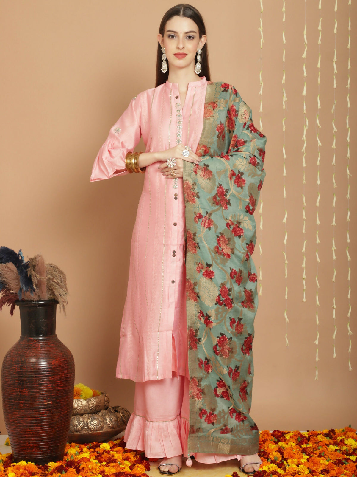 Jyoti Fashion Women's Peach Chanderi Silk Elegant Jardoshi Kurta with Trouser & Dupatta | Grocsy