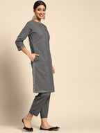 Sangria Women Charcoal Grey Pure Cotton Solid Kurta with Cropped Trousers | Grocsy