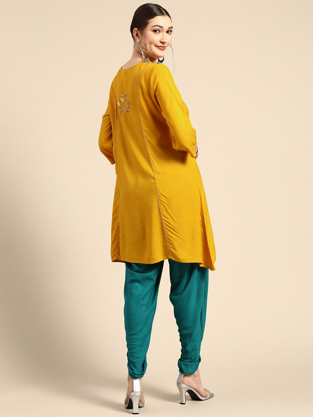 Sangria Women Mustard Yellow & Green Kurta with Dhoti Pants | Grocsy