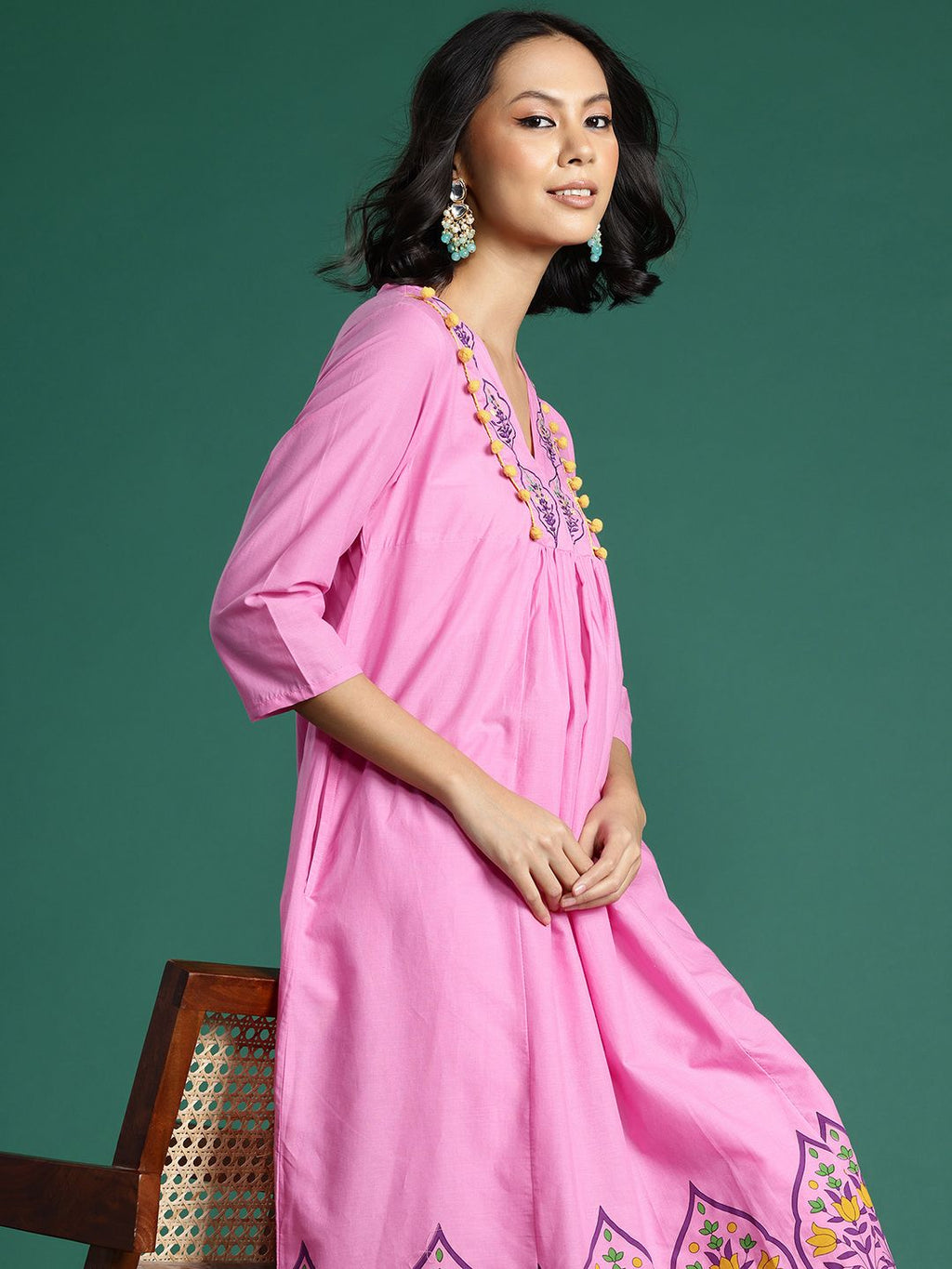 Sangria Ethnic Motifs Printed Embroidered Pure Cotton Kurta with Palazzos | Grocsy