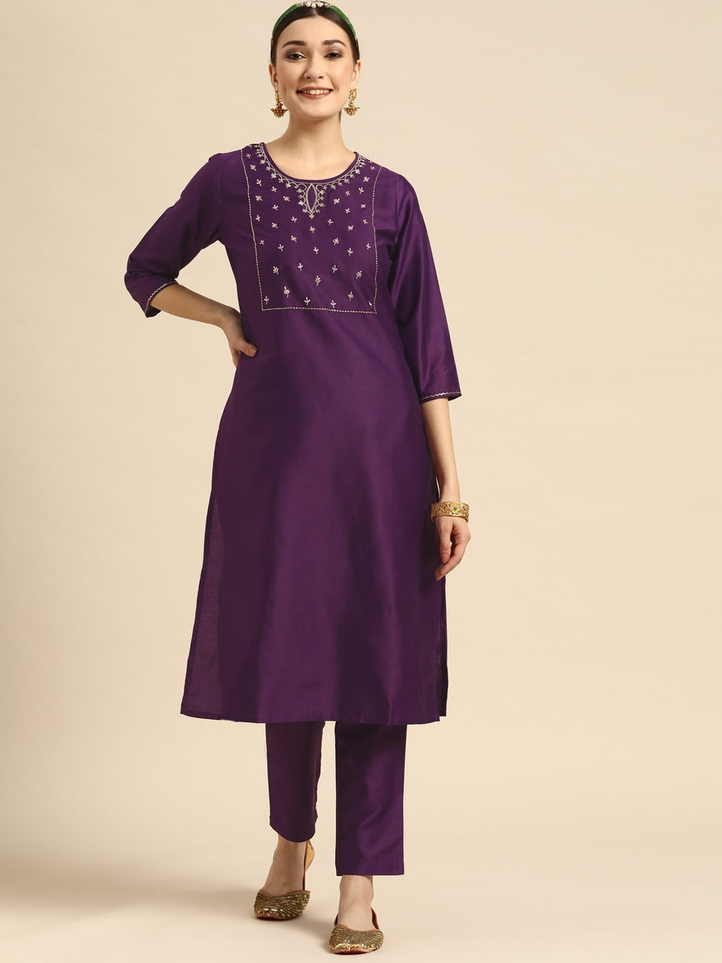 Sangria Women Purple Ethnic Motifs Embroidered Kurta with Trousers | Grocsy