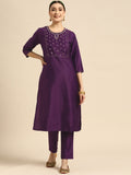 Sangria Women Purple Ethnic Motifs Embroidered Kurta with Trousers | Grocsy