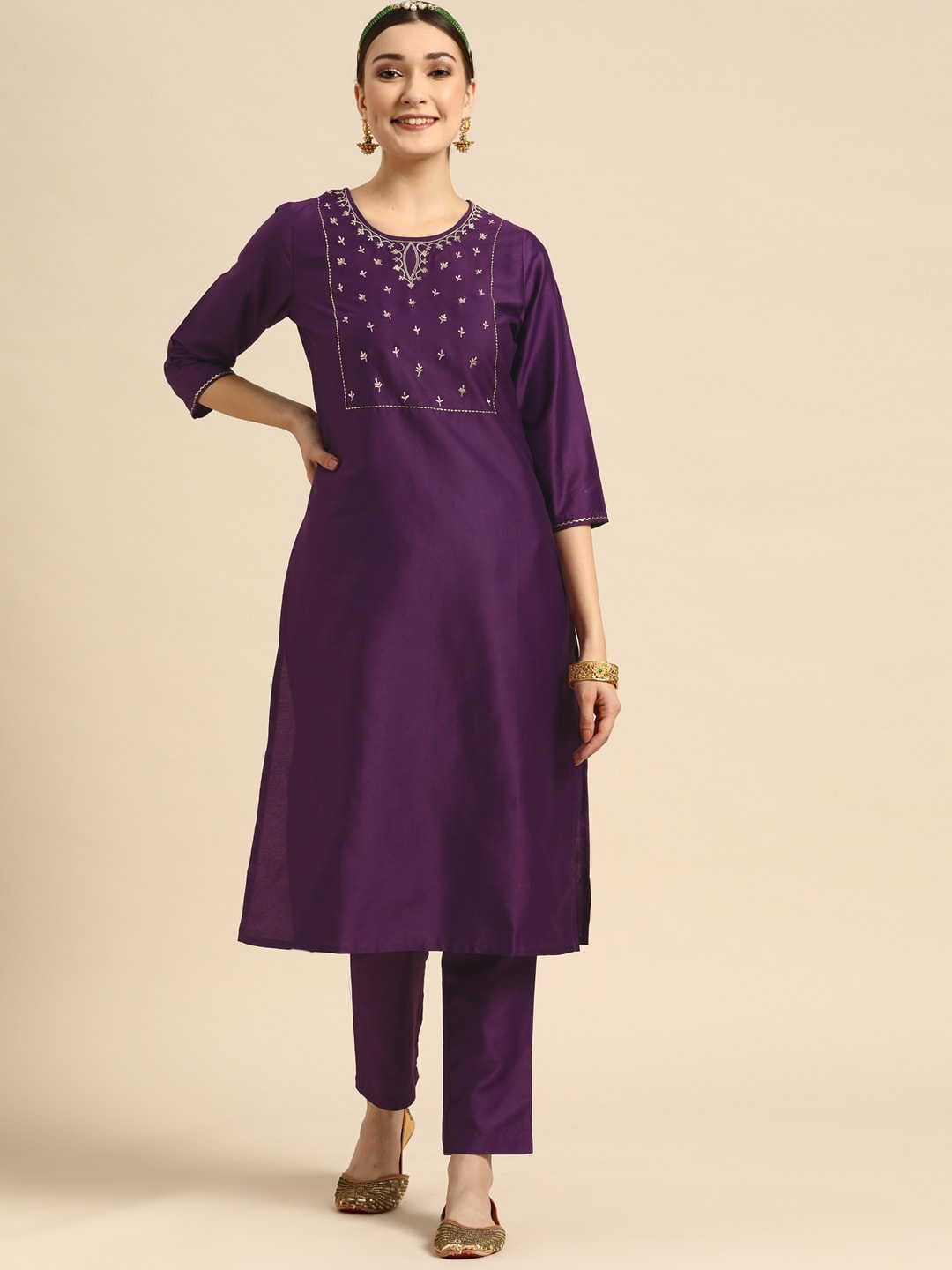 Sangria Women Purple Ethnic Motifs Embroidered Kurta with Trousers | Grocsy
