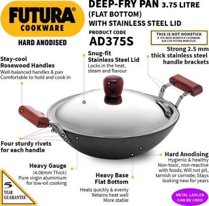 Hawkins Futura Hard Anodised Kadhai with Stainless Steel Lid 3.75 L (AD375S) | Grocsy