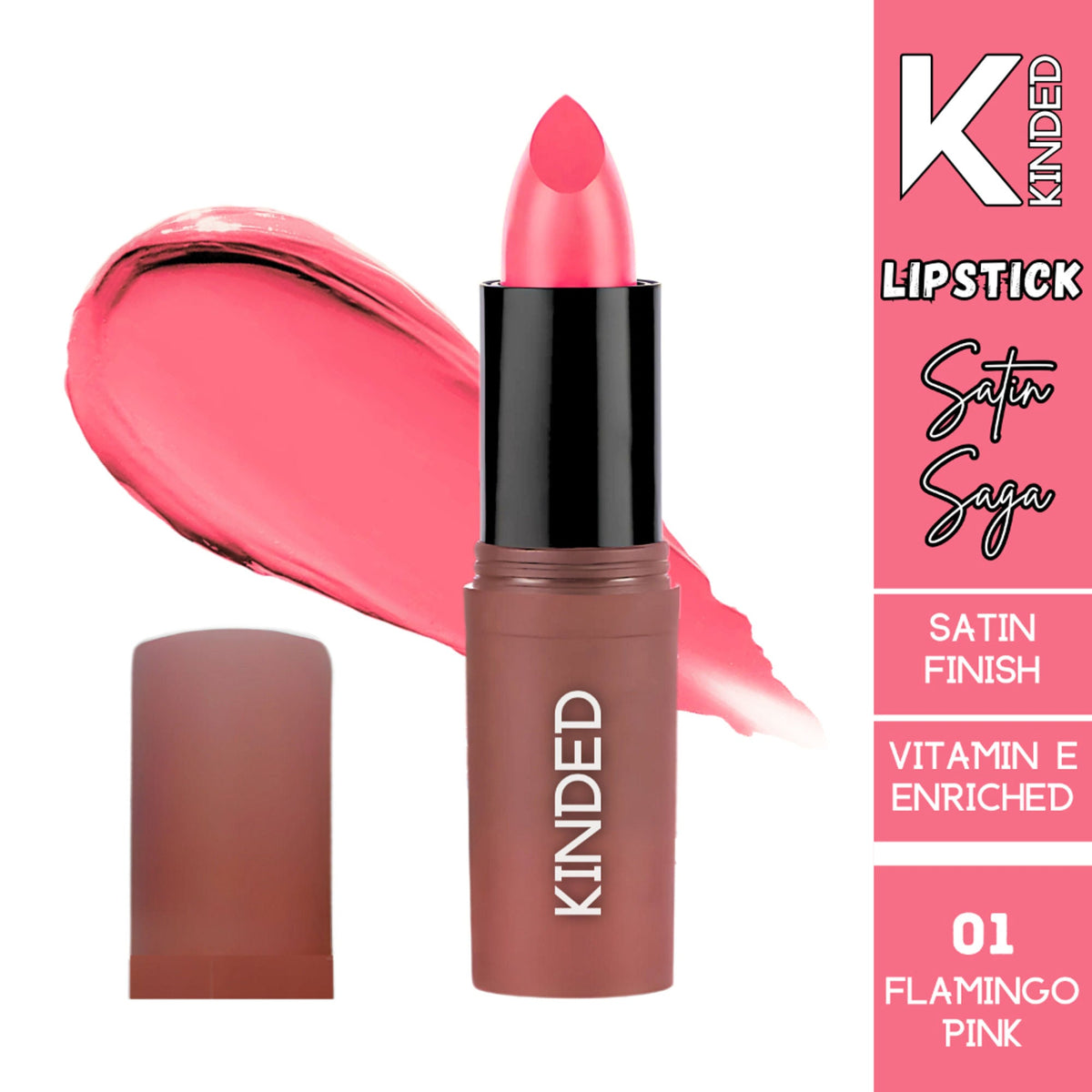 KINDED Satin Saga Bullet Creamy Lipstick With Satin Finish & Vitamin E - 01 Flamingo Pink | Grocsy