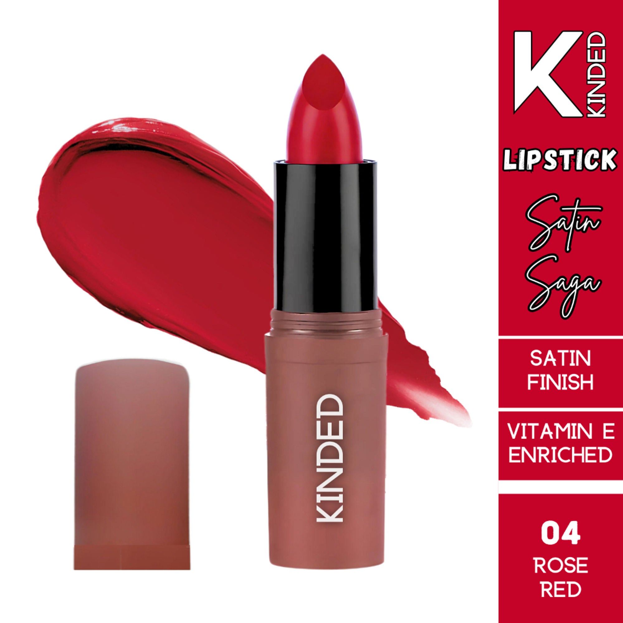 KINDED Satin Saga Bullet Creamy Lipstick With Satin Finish & Vitamin E - 04 Rose Red | Grocsy