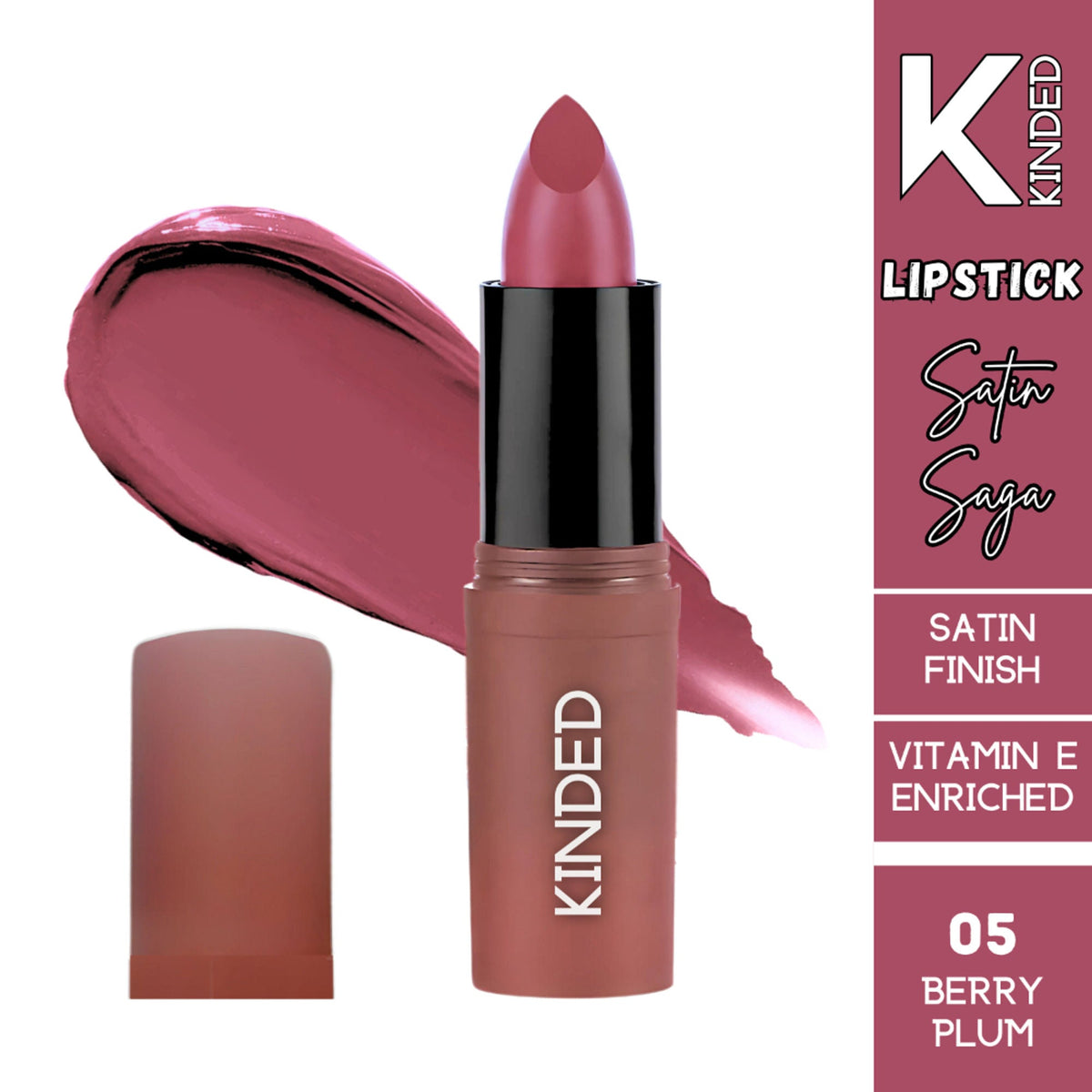 KINDED Satin Saga Bullet Creamy Lipstick With Satin Finish & Vitamin E - 05 Berry Plum | Grocsy