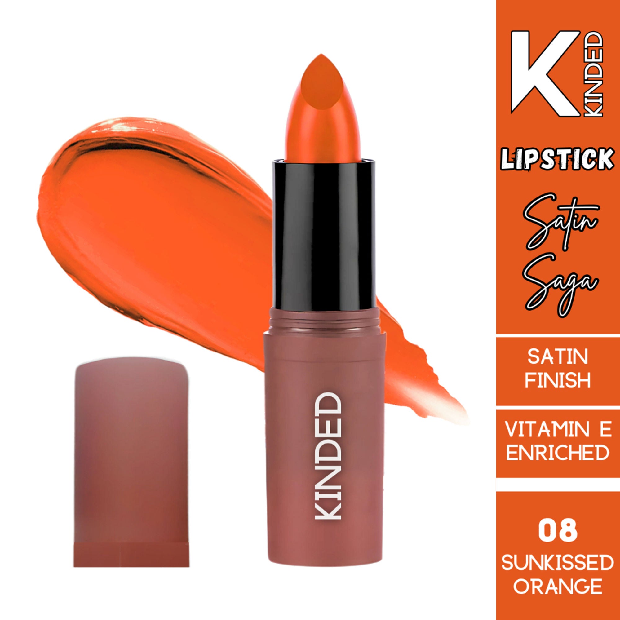 KINDED Satin Saga Bullet Creamy Lipstick With Satin Finish & Vitamin E - 08 Sunkissed Orange | Grocsy