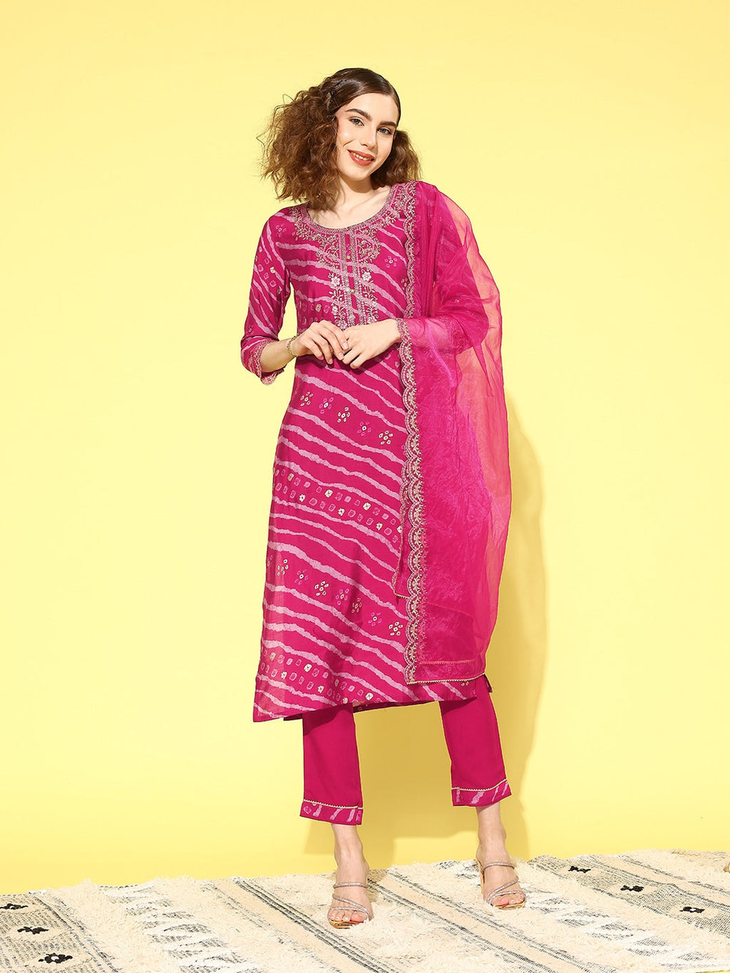 Sangria Women Leheriya Printed Regular Thread Work Kurta with Trousers & With Dupatta | Grocsy