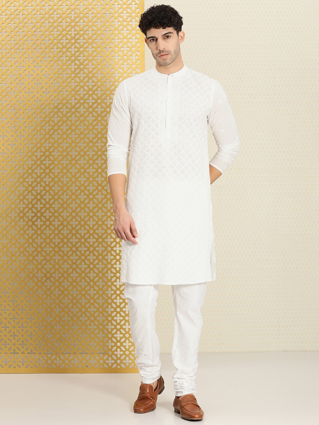 House of Pataudi Men Chikankari Embroidered Pure cotton Jashn Kurta with Churidar | Grocsy