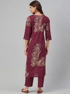 Sangria Women Floral Yoke Design Pure Cotton Kurta with Trousers | Grocsy
