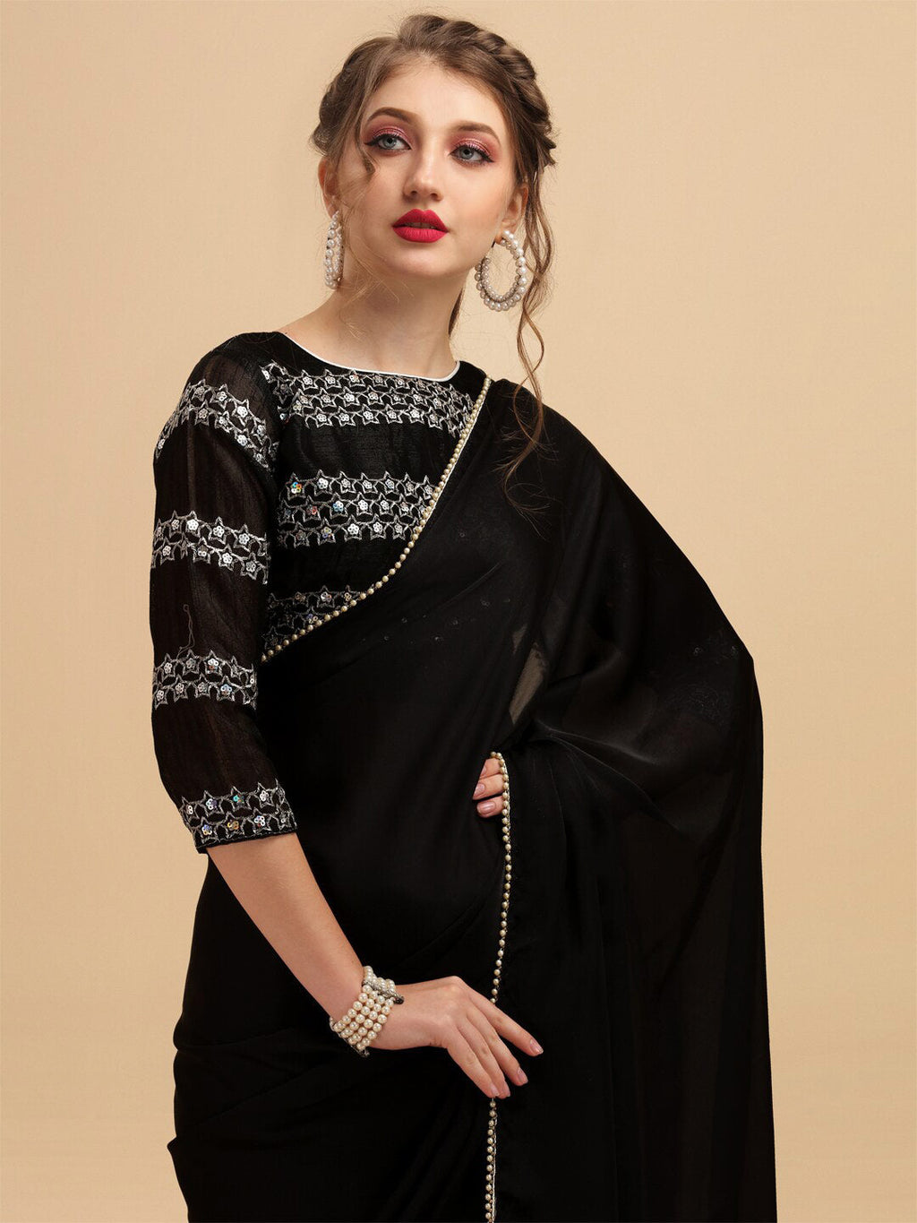 Sangria Pearl Border Detail Saree With Embroidered Blouse | Grocsy