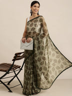 Sangria Olive Green Leaf Print Pure Chiffon Saree | Grocsy