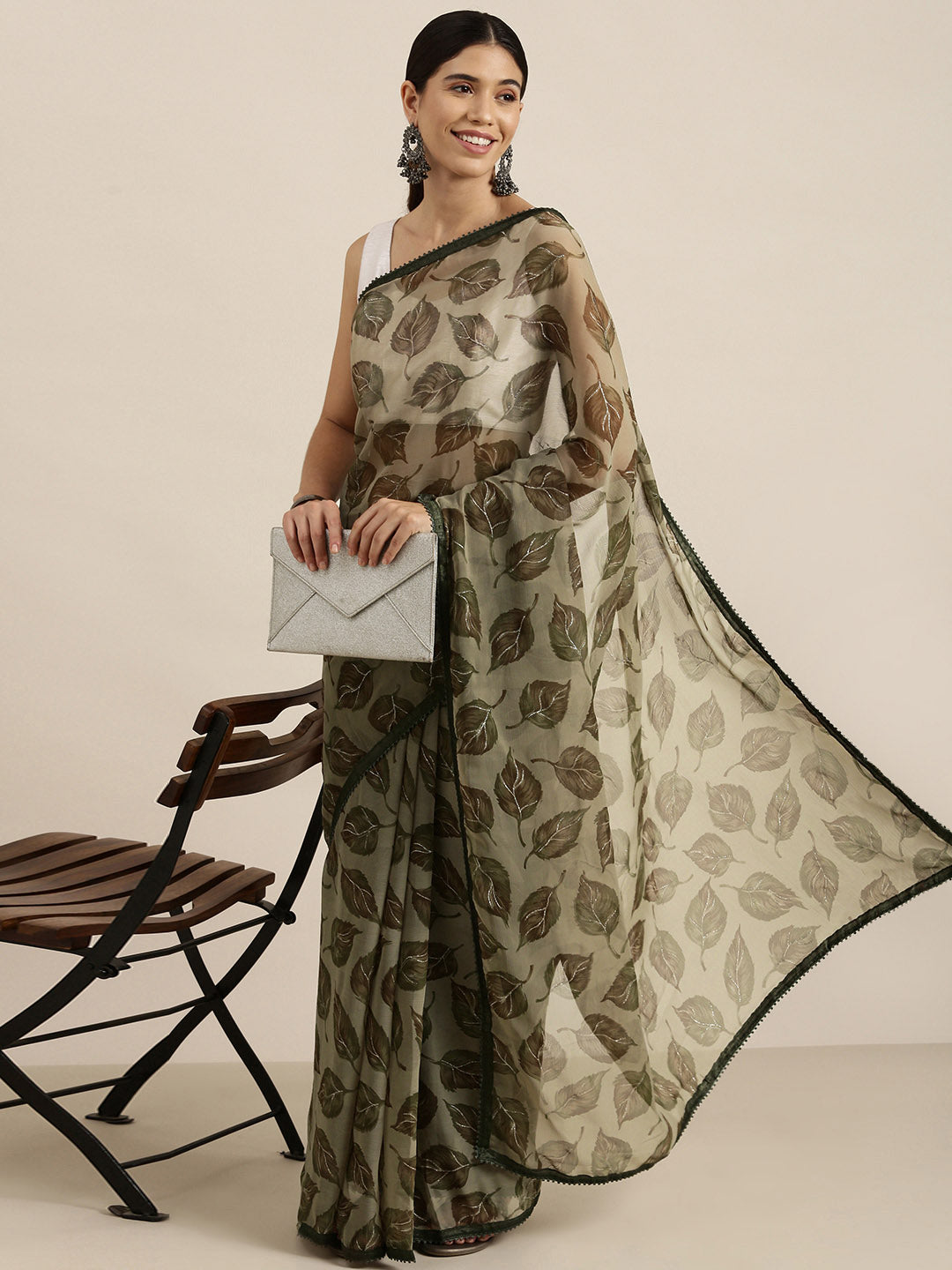 Sangria Olive Green Leaf Print Pure Chiffon Saree | Grocsy