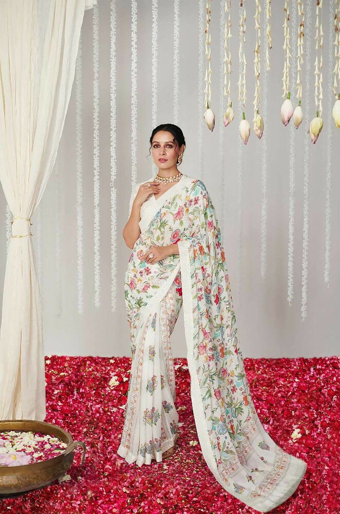 Off White Bright Moss Designer Digital Printed Party Wear Saree - Be Verly | Grocsy