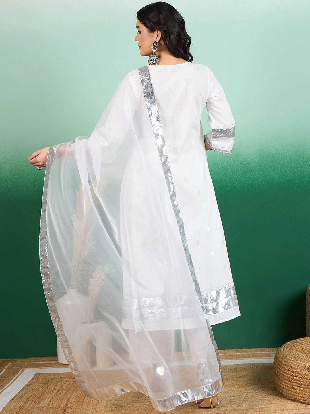 Sangria White Ethnic Motifs Printed Angrakha Kurta With Trouser & Dupatta | Grocsy