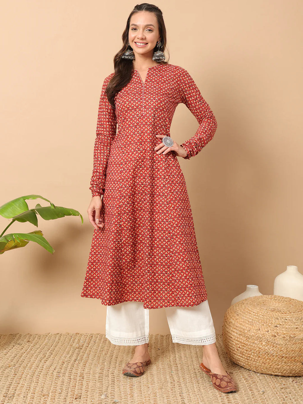 FIORRA Women's Floral Printed Red Cotton A-Line Kurta | Grocsy