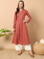 FIORRA Women's Floral Printed Red Cotton A-Line Kurta | Grocsy