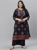 Sztori Plus Size Floral Printed Round Neck Straight Kurta with Palazzos | Grocsy