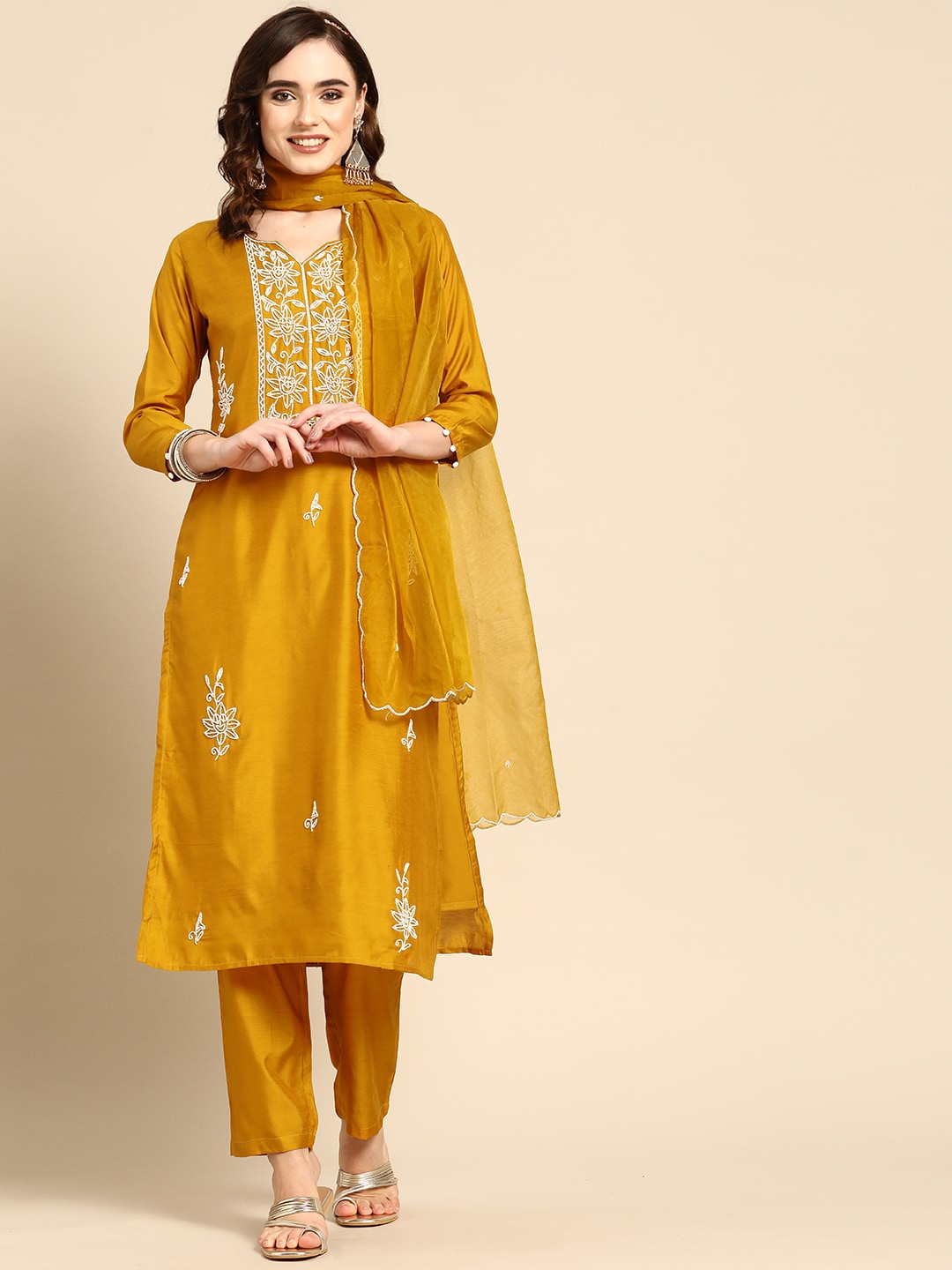 Sangria Women Mustard Yellow & White Embellished Beaded Kurta with Trousers & Dupatta | Grocsy