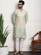 Sojanya Woven Design Mandarin Collar Kurta with Churidar & Nehru Jacket | Grocsy