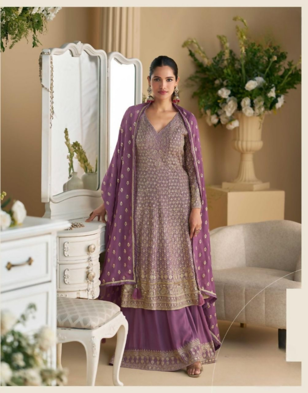 Anaita Lavender Heavy Georgette Stitched Suit with Sequence & Diamond work | Grocsy