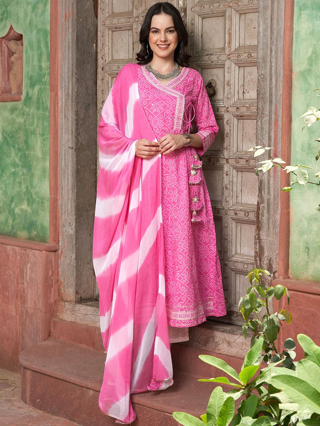 Sangria Pink Bandhani Printed Angrakha Mirror Work Pure Cotton Kurta Set | Grocsy