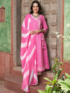 Sangria Pink Bandhani Printed Angrakha Mirror Work Pure Cotton Kurta Set | Grocsy