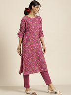 Sangria Women Purple Ethnic Motifs Printed Pure Cotton Kurta with Trousers | Grocsy