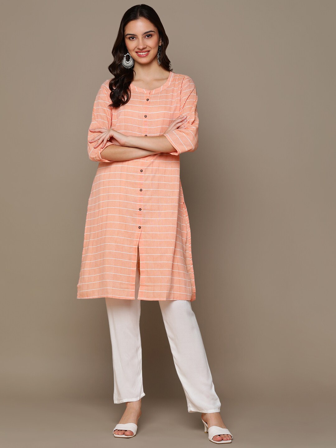 HERE&NOW Orange & White Checked Straight Kurta | Grocsy