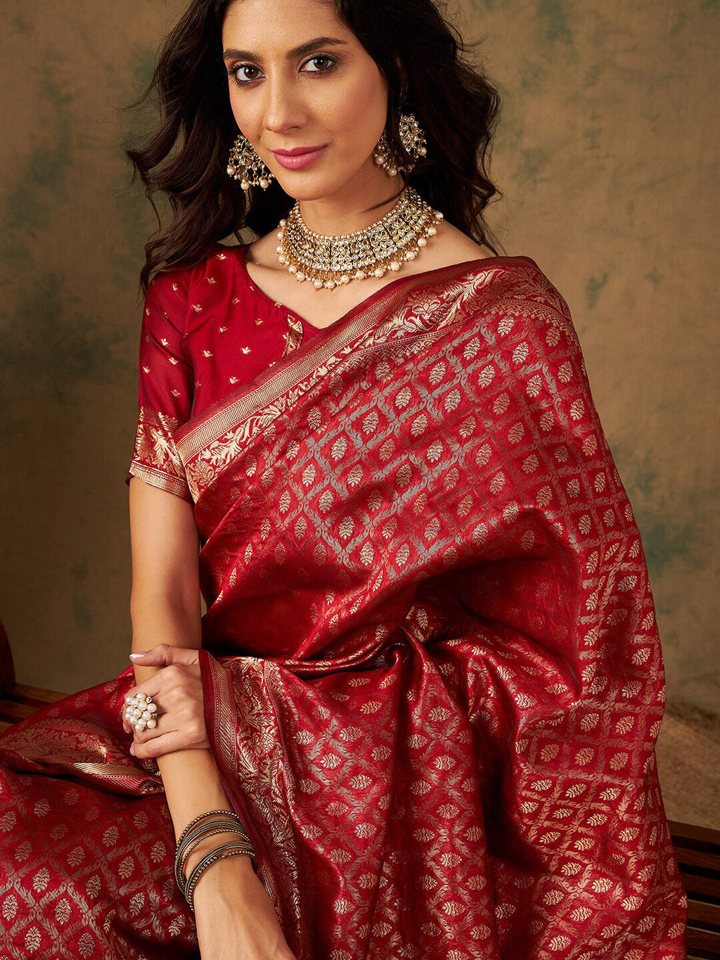 Sangria Red & Gold Toned Ethnic Motifs Woven Design Zari Banarasi Saree | Grocsy
