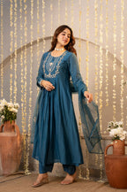 The52 Women's Beautiful Embroidery Work Chanderi Silk Fabric Flared Kurta Pant and Dupatta Set-Rama | Grocsy