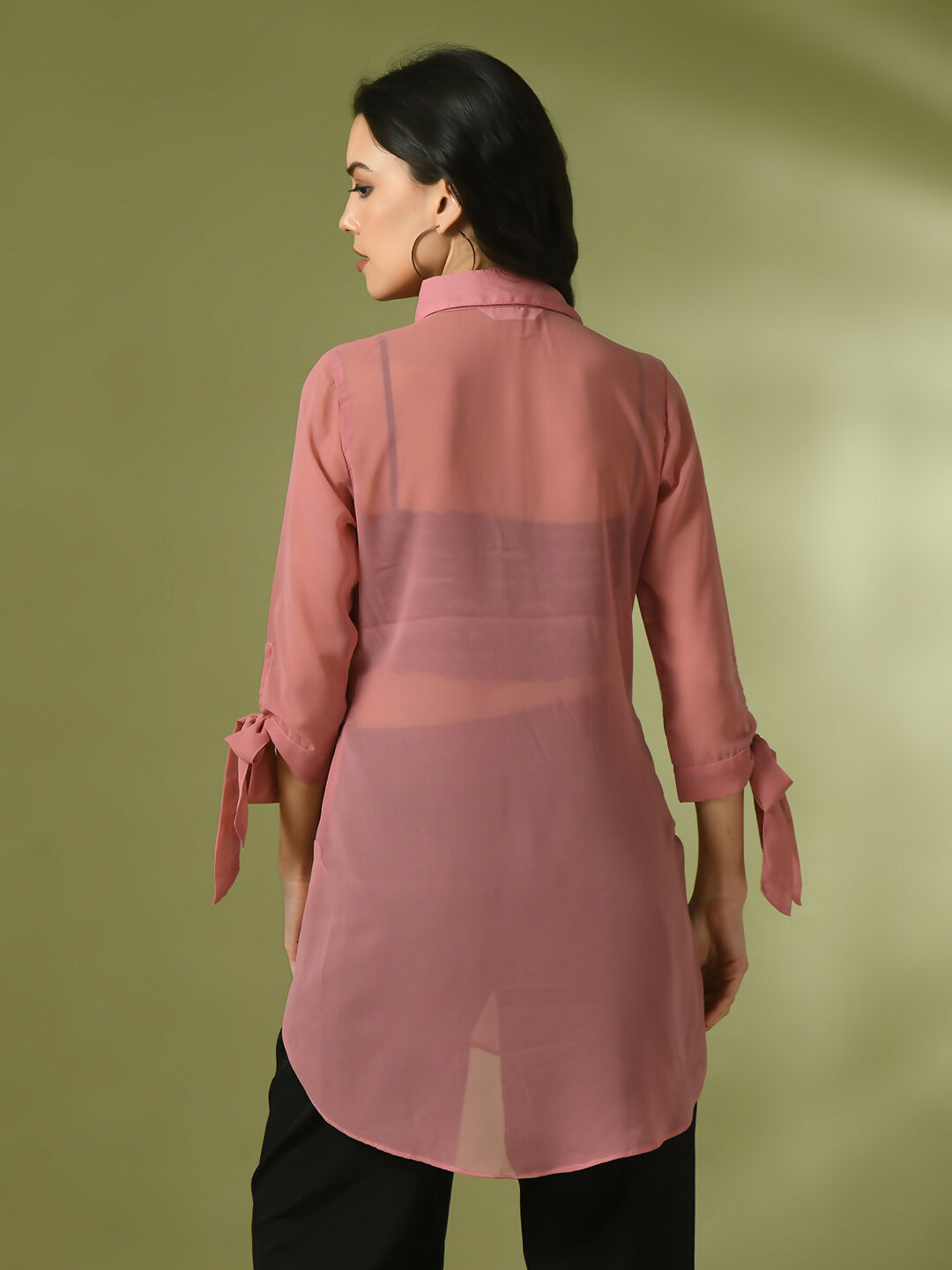 Myshka Women's Pink Solid Georgette Longline Party Sheer Tunic | Grocsy