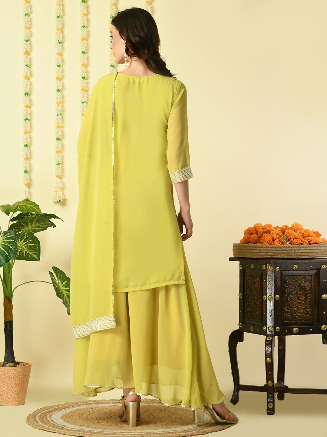 Myshka Women's Yellow Georgette Kurta & Skirt With Dupatta Party Sets | Grocsy