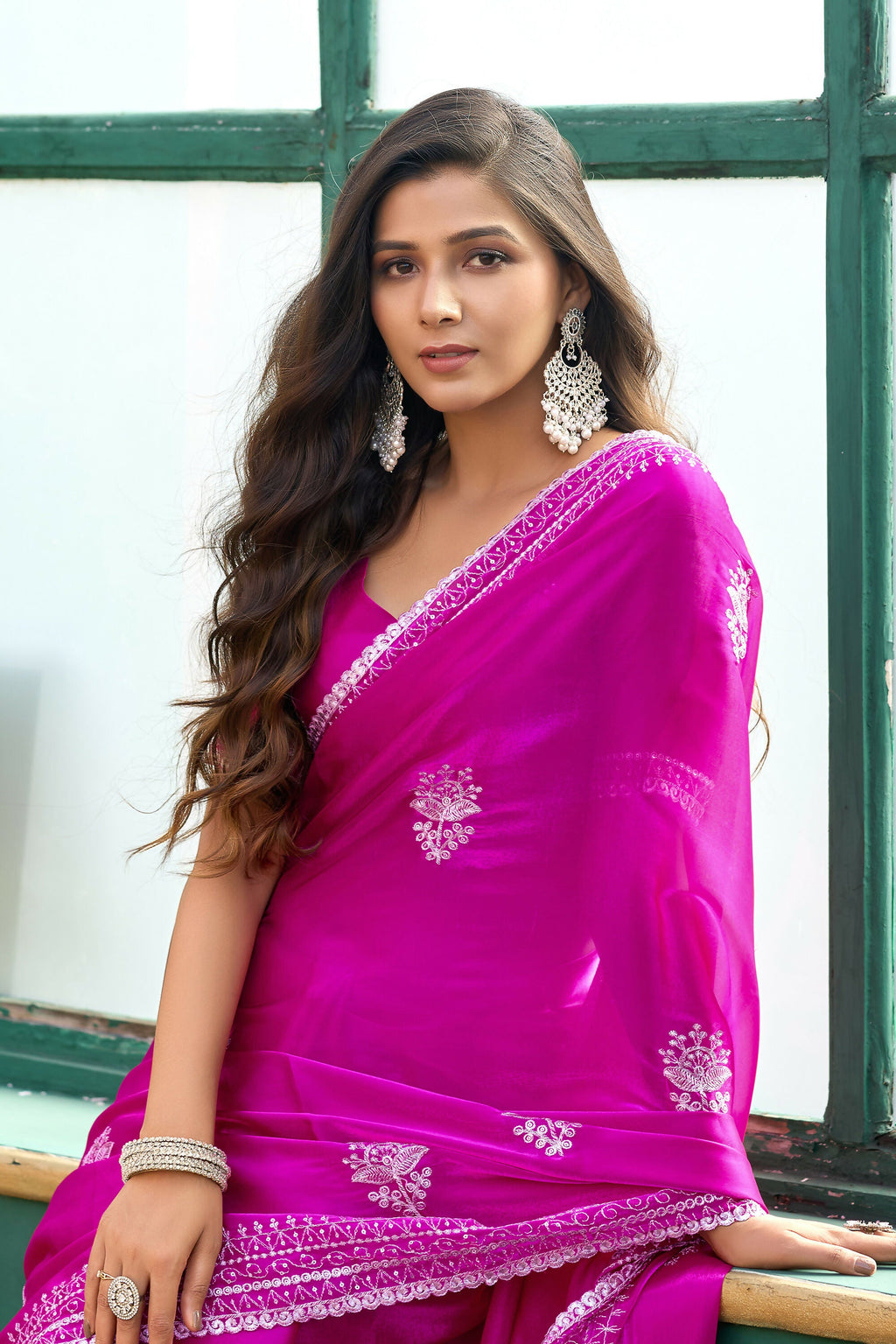Vastranavya Pink Embroidery Work Shimmer Chiffon Saree with Unstitched Blouse | Grocsy