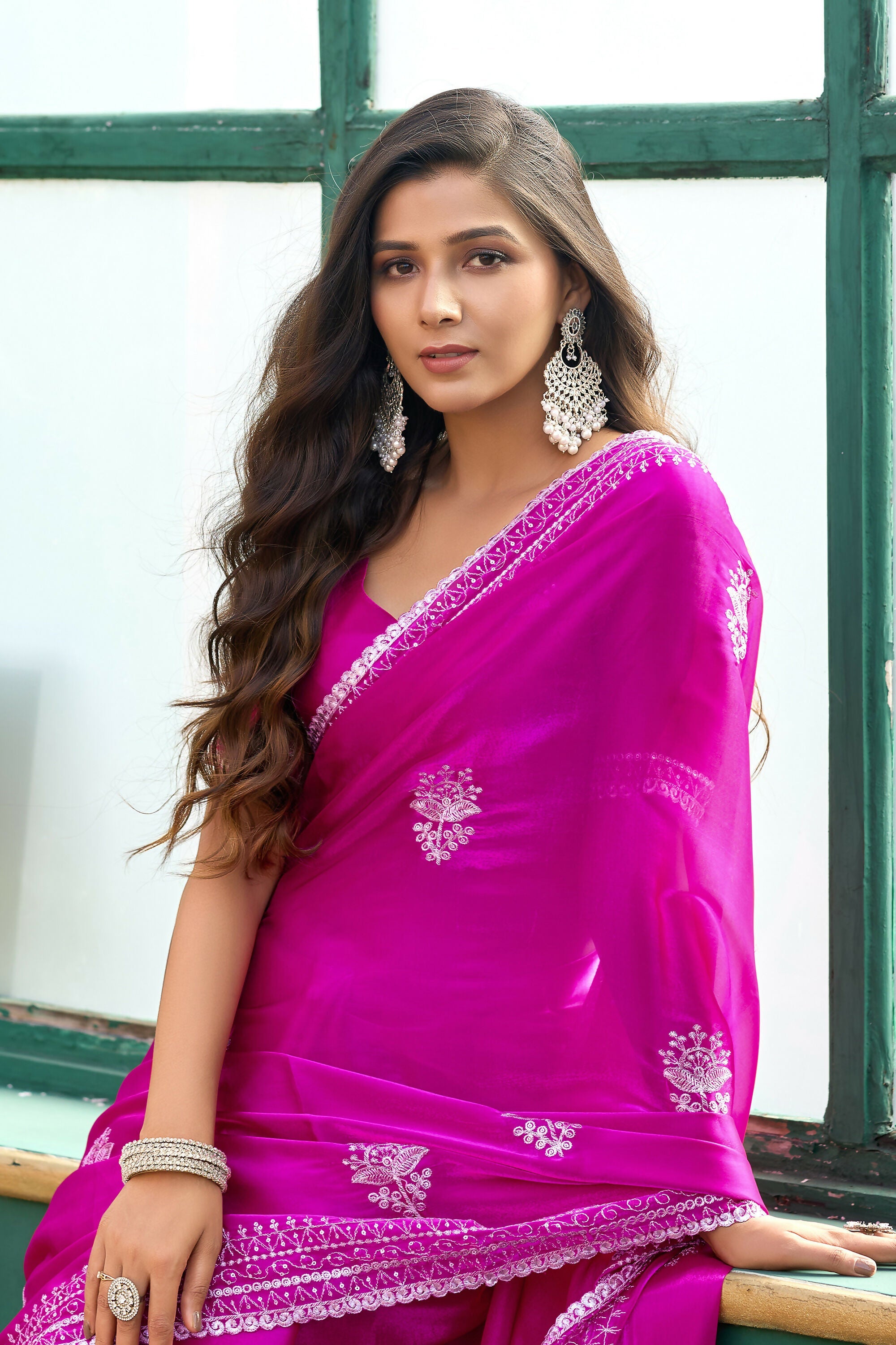 Vastranavya Pink Embroidery Work Shimmer Chiffon Saree with Unstitched Blouse | Grocsy