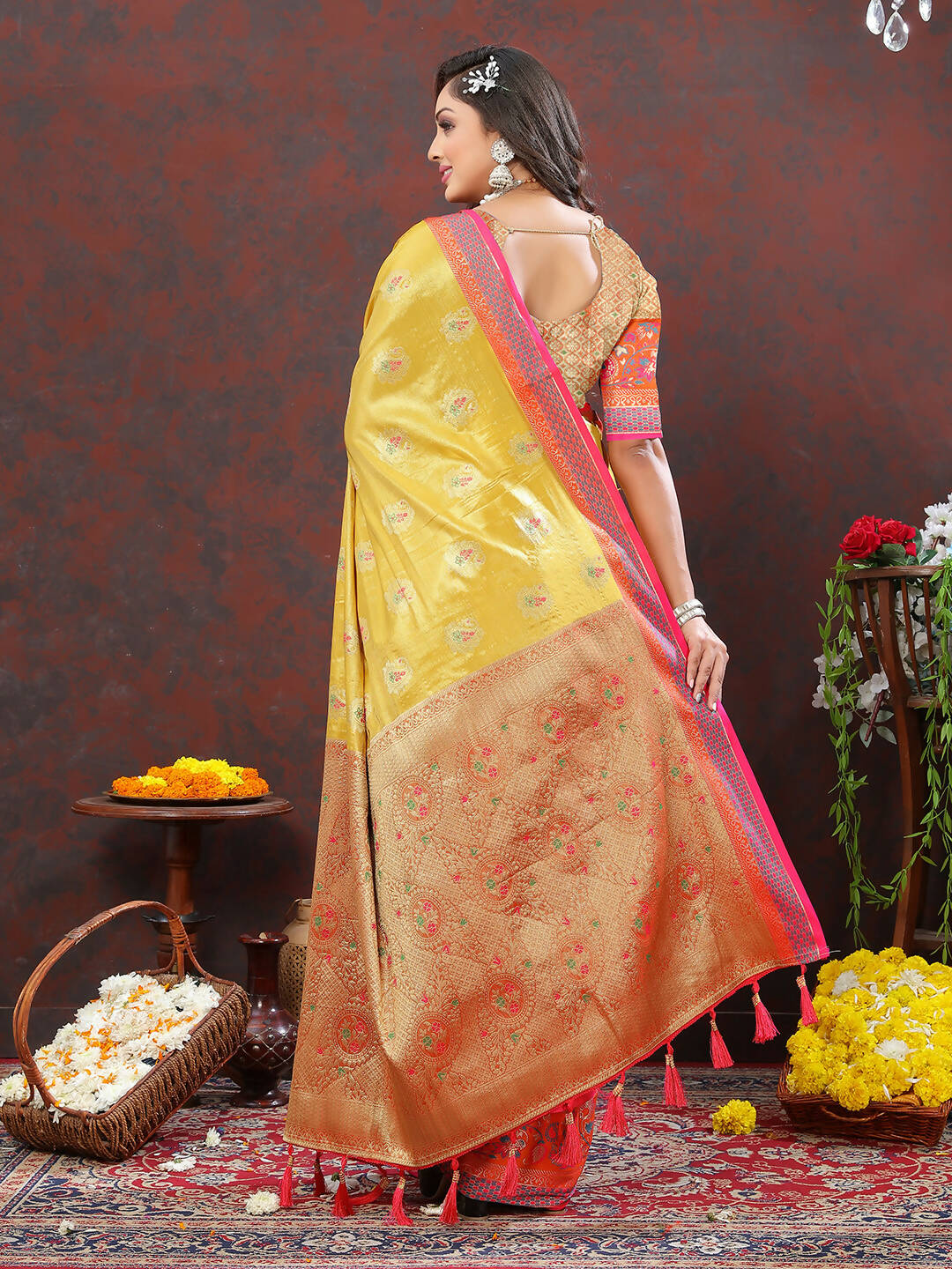 Lorenvalley Fashion Yellow Kanjivaram Silk Woven Design with Zari Weaving Saree | Grocsy