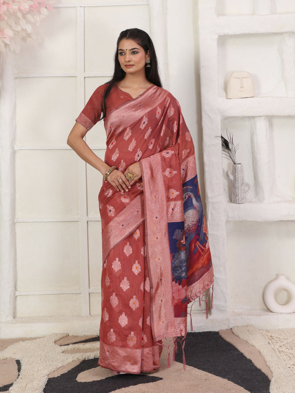 Shree Shyam Fashion Linen Cotton Rust Saree | Grocsy