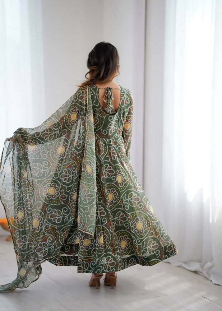 Teeya Creation Green Soft Organza Digital Printed Functional Wear Trending Long Gown | Grocsy