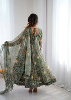 Teeya Creation Green Soft Organza Digital Printed Functional Wear Trending Long Gown | Grocsy