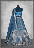 Teal Satin Silk Cord and sequins Floral embroidery Bridal lahenga Choli with Dupatta - Nimaya Pavitra Rista | Grocsy