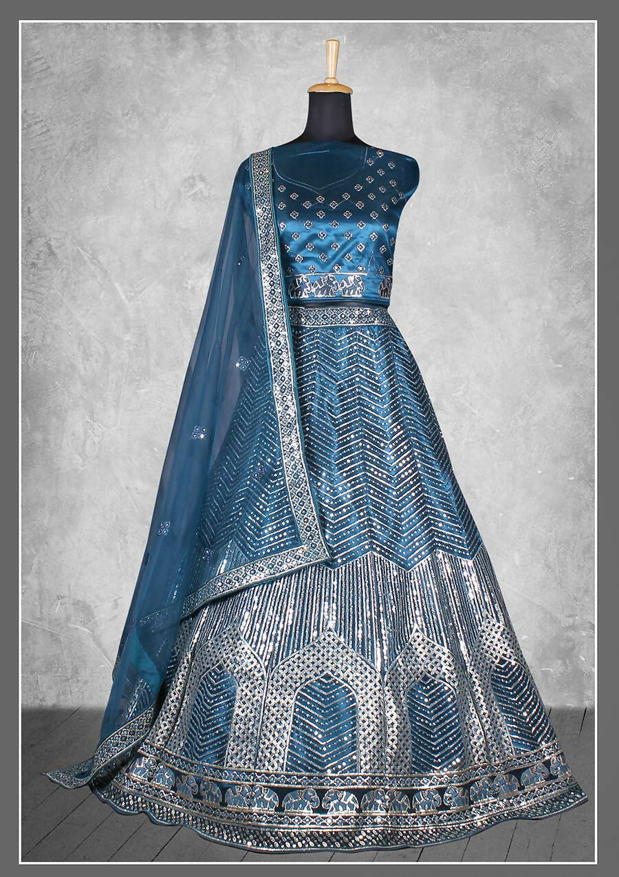 Teal Satin Silk Cord and sequins Floral embroidery Bridal lahenga Choli with Dupatta - Nimaya Pavitra Rista | Grocsy