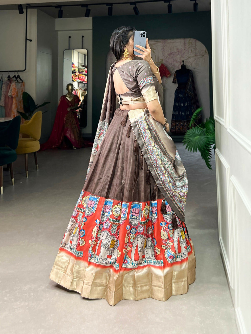 Vastranavya Kalamkari Print With Weaving Border Lehenga with Unstitched Blouse - Brown | Grocsy