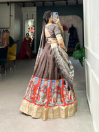 Vastranavya Kalamkari Print With Weaving Border Lehenga with Unstitched Blouse - Brown | Grocsy