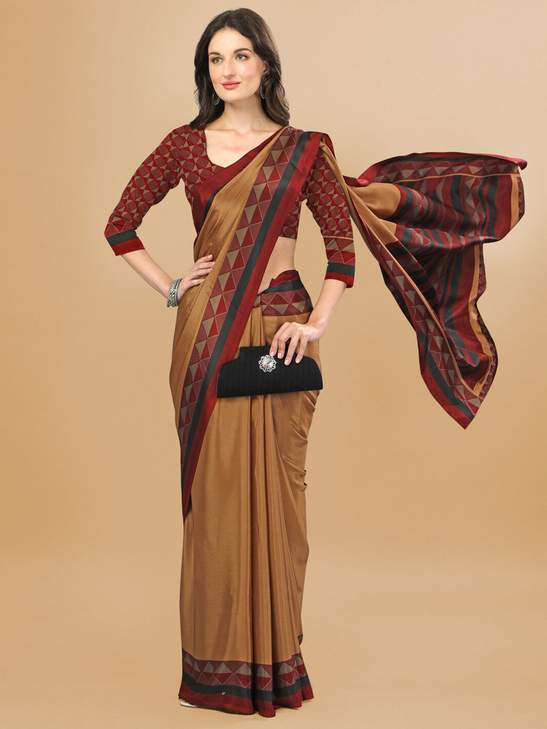 Sangria Beige & Red Pure Crepe Saree | Grocsy