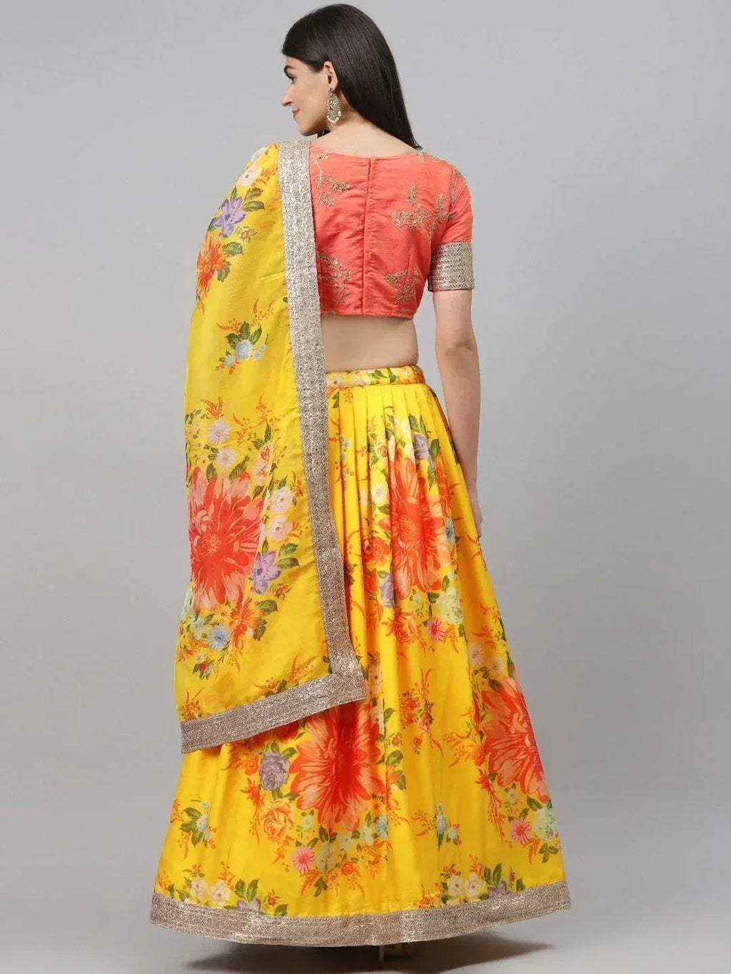Tulsi Art Yellow & Orange Embroidered Semi-Stitched Myntra Lehenga & Unstitched Blouse With Dupatta | Grocsy