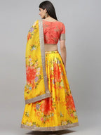 Tulsi Art Yellow & Orange Embroidered Semi-Stitched Myntra Lehenga & Unstitched Blouse With Dupatta | Grocsy