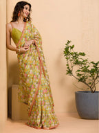 Sangria Floral Printed Mirror Work Saree | Grocsy