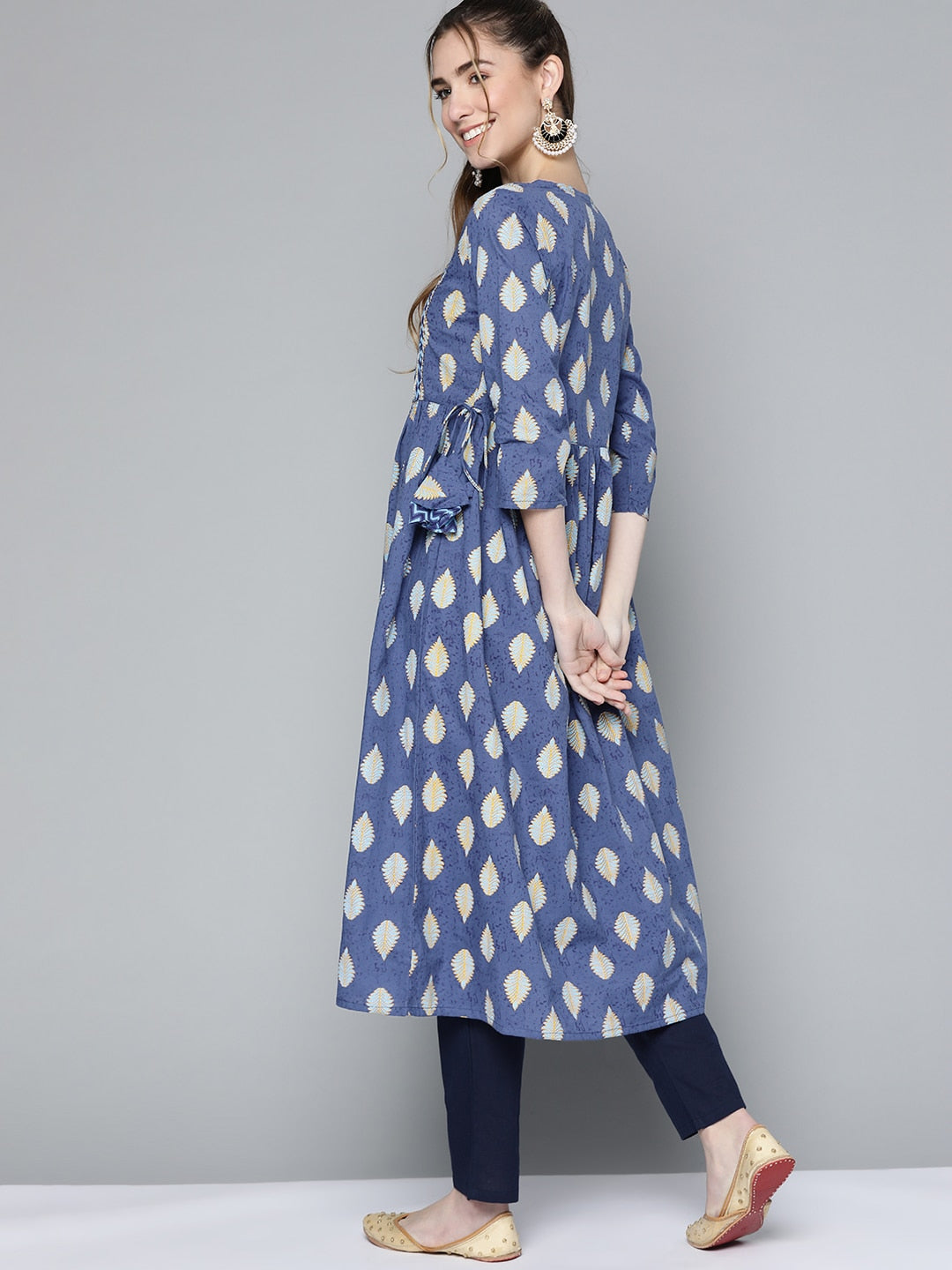 HERE&NOW Women Navy Blue & Mustard Yellow Ethnic Printed Gotta Patti Pure Cotton Kurta | Grocsy
