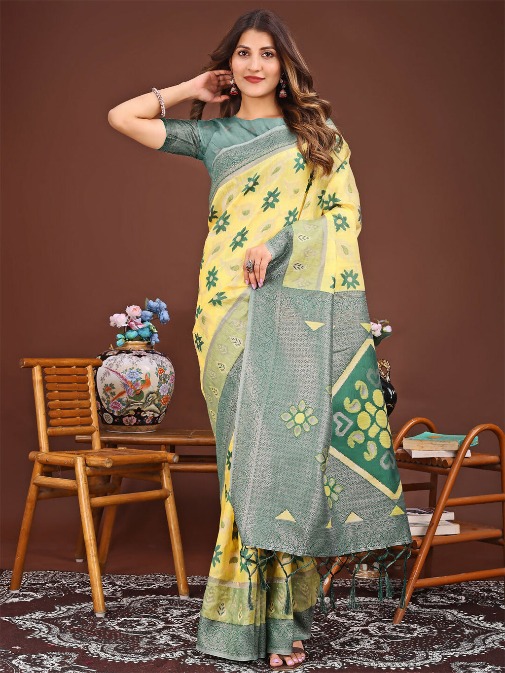 Shree Shyam Fashion Sajni Yellow Linen Cotton Saree | Grocsy